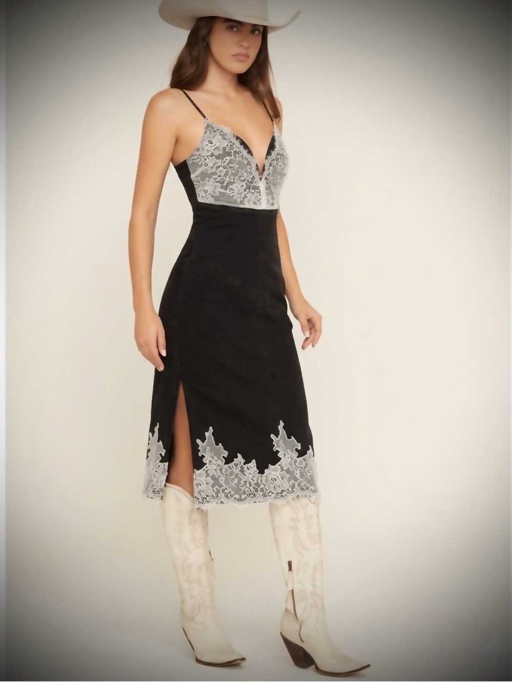 Blue B Denim and Lace Cami Top Midi Dress in Black Wash